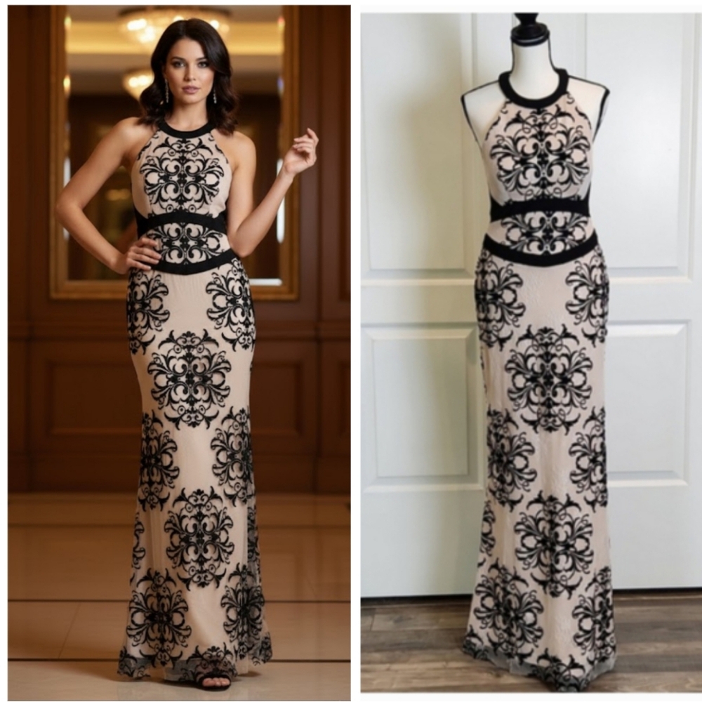Betsy & Adam Formal Maxi Mesh Black and Tan Dress Size 6